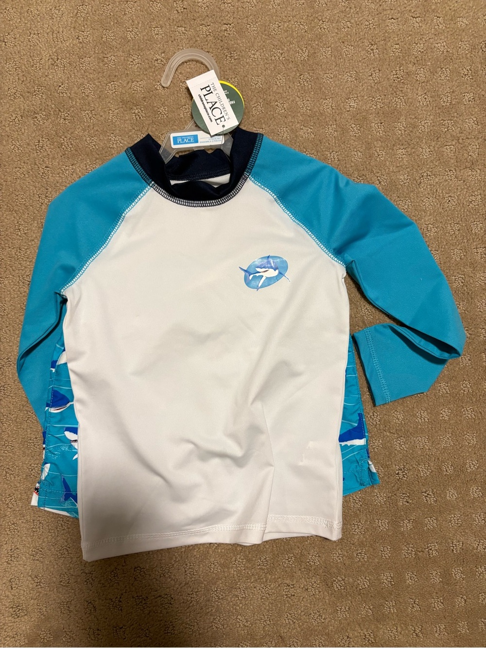 Boys' White & Teal Long Sleeve Swim Rash Guard and Bathing Suit